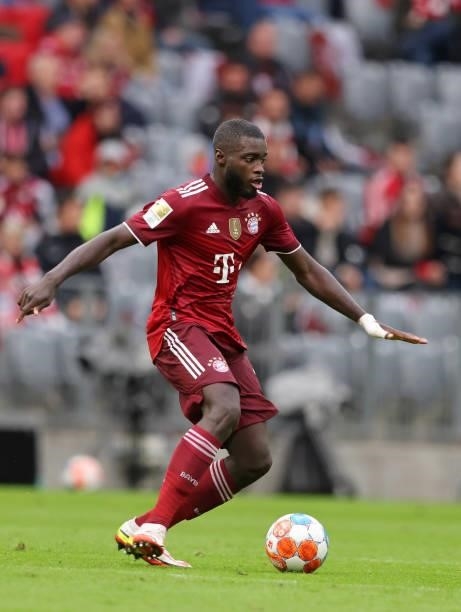Dayot Upamecano of FC Bayern Muenchen during the Bundesliga match between FC Bayern München and Hertha BSC at Allianz Arena on August 28, 2021 in...