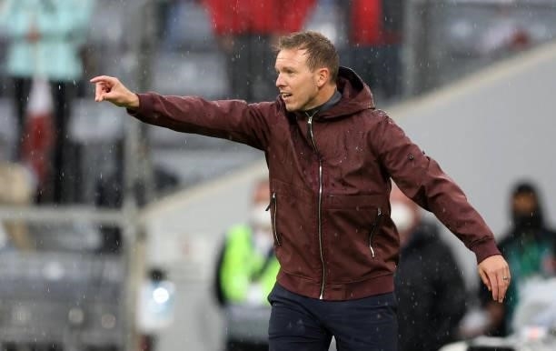 Coach Julian Nagelsmann of Bayern Muenchen reacts from the sidleline during the Bundesliga match between FC Bayern München and Hertha BSC at Allianz...