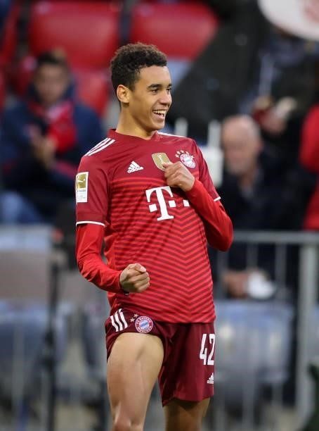 Jamal Musiala of Bayern Muenchen celebrates as he scores the goal 3:0 during the Bundesliga match between FC Bayern München and Hertha BSC at Allianz...