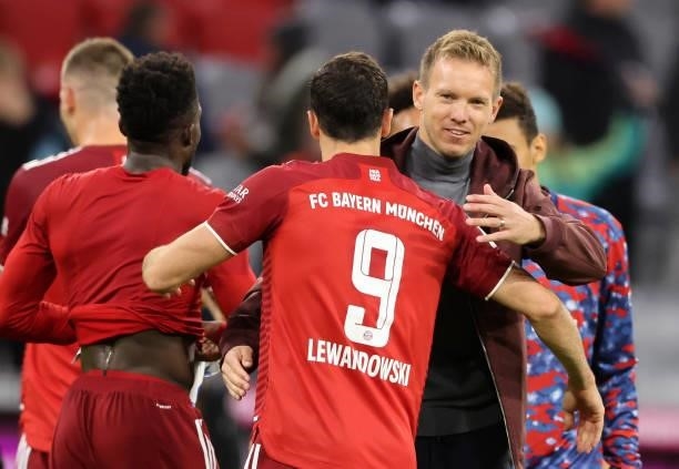 Coach Julian Nagelsmann of Bayern Muenchen and Robert Lewandowski of Bayern Muenchen after the Bundesliga match between FC Bayern München and Hertha...