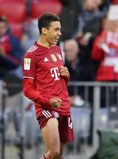 Jamal Musiala of Bayern Muenchen celebrates as he scores the goal 3:0 during the Bundesliga match between FC Bayern München and Hertha BSC at Allianz...