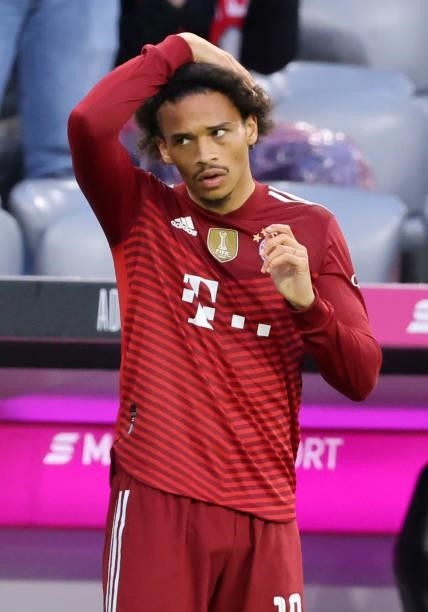 Leroy Sane of Bayern Muenchen reacts during the Bundesliga match between FC Bayern München and Hertha BSC at Allianz Arena on August 28, 2021 in...