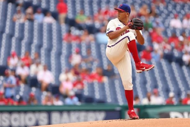 Ranger Suarez of the Philadelphia Phillies in action against the Arizona Diamondbacks during a game at Citizens Bank Park on August 29, 2021 in...