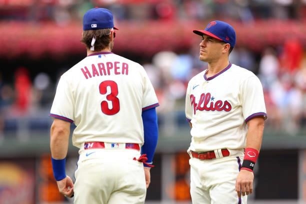 Realmuto and Bryce Harper of the Philadelphia Phillies before a game against the Arizona Diamondbacks at Citizens Bank Park on August 29, 2021 in...