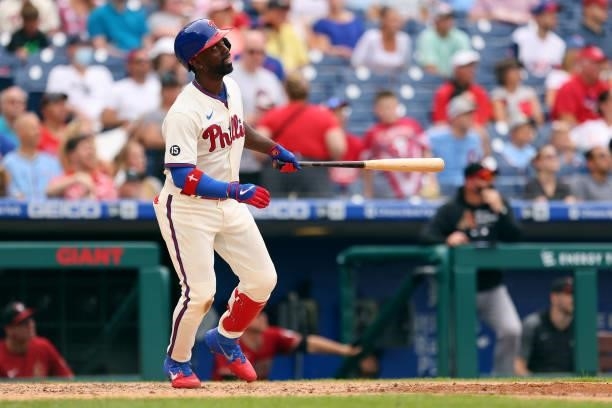 Andrew McCutchen of the Philadelphia Phillies in action against the Arizona Diamondbacks during a game at Citizens Bank Park on August 29, 2021 in...