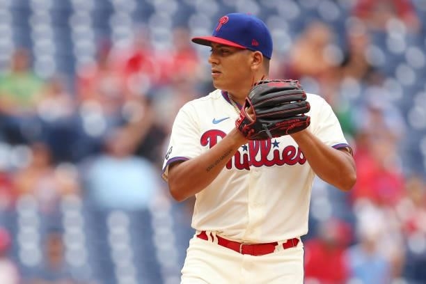 Ranger Suarez of the Philadelphia Phillies in action against the Arizona Diamondbacks during a game at Citizens Bank Park on August 29, 2021 in...