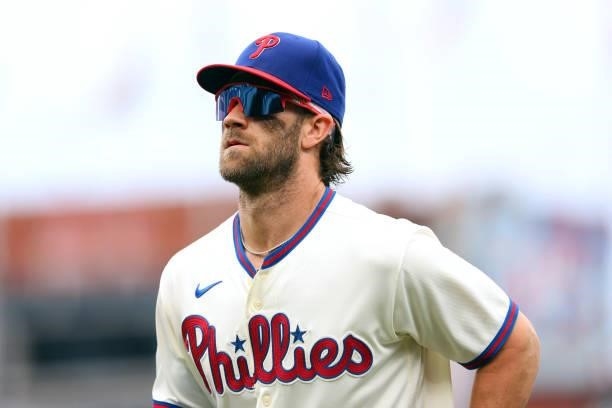 Bryce Harper of the Philadelphia Phillies in action against the Arizona Diamondbacks during a game at Citizens Bank Park on August 29, 2021 in...