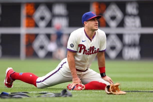 Realmuto of the Philadelphia Phillies works out before a game against the Arizona Diamondbacks at Citizens Bank Park on August 29, 2021 in...