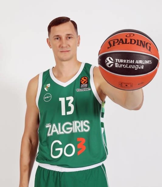 Paulius Jankunas, #13 poses during the 2021/2022 Turkish Airlines EuroLeague Media Day of Zalgiris Kaunas at Zalgirio Arena on August 30, 2021 in...