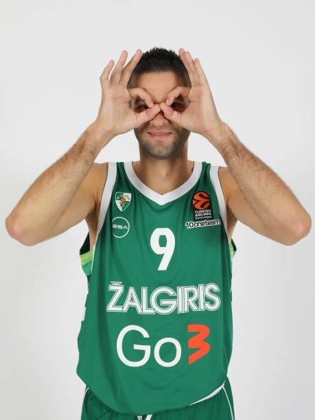 Mantas Kalnietis, #9 poses during the 2021/2022 Turkish Airlines EuroLeague Media Day of Zalgiris Kaunas at Zalgirio Arena on August 30, 2021 in...
