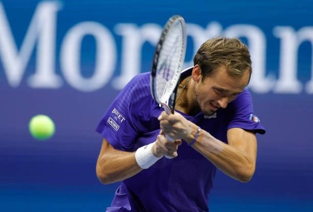 Daniil Medvedev of Russia returns the ball against Richard Gasquet of France during their Men's Singles first round match on Day One of the 2021 US...