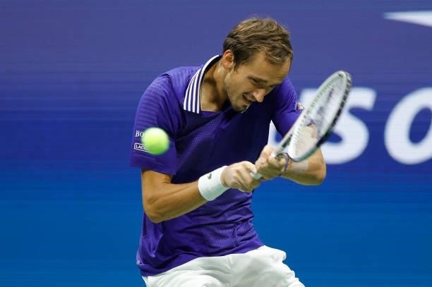 Daniil Medvedev of Russia returns the ball against Richard Gasquet of France during their Men's Singles first round match on Day One of the 2021 US...