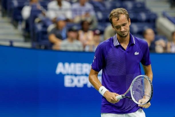 Daniil Medvedev of Russia reacts against Richard Gasquet of France during their Men's Singles first round match on Day One of the 2021 US Open at the...