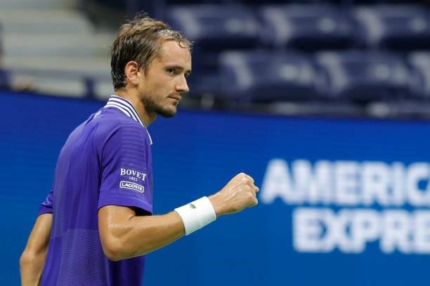Daniil Medvedev of Russia reacts against Richard Gasquet of France during their Men's Singles first round match on Day One of the 2021 US Open at the...