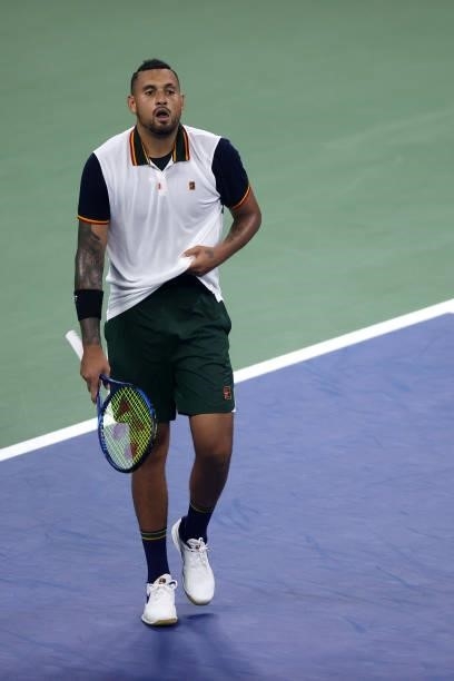 Nick Kyrgios of Australia reacts against Roberto Bautista Agut of Spain during their Men's Singles first round match on Day One of the 2021 US Open...