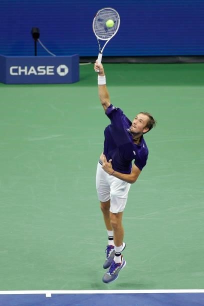 Daniil Medvedev of Russia serves against Richard Gasquet of France during their Men's Singles first round match on Day One of the 2021 US Open at the...