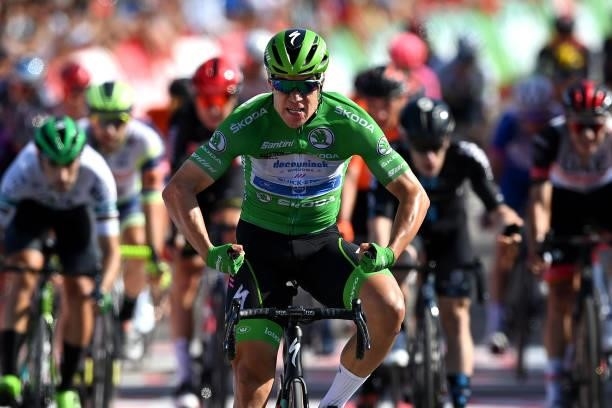 Fabio Jakobsen of Netherlands and Team Deceuninck - Quick-Step Green Points Jersey celebrates at finish line as stage winner during the 76th Tour of...