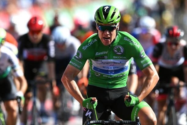 Fabio Jakobsen of Netherlands and Team Deceuninck - Quick-Step Green Points Jersey celebrates at finish line as stage winner during the 76th Tour of...
