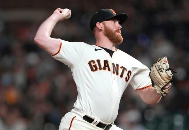 Zack Littell of the San Francisco Giants pitches against the Milwaukee Brewers in the top of the six inning at Oracle Park on August 30, 2021 in San...