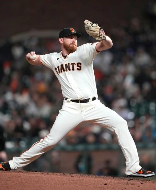 Zack Littell of the San Francisco Giants pitches against the Milwaukee Brewers in the top of the six inning at Oracle Park on August 30, 2021 in San...