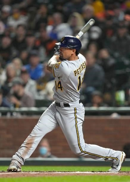 Jace Peterson of the Milwaukee Brewers bats against the San Francisco Giants in the top of the six inning at Oracle Park on August 30, 2021 in San...