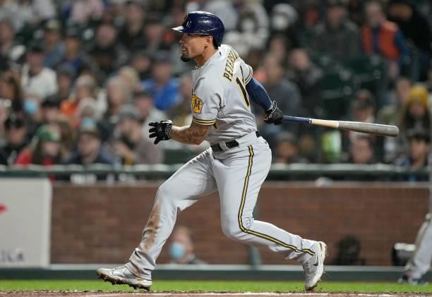 Jace Peterson of the Milwaukee Brewers bats against the San Francisco Giants in the top of the six inning at Oracle Park on August 30, 2021 in San...