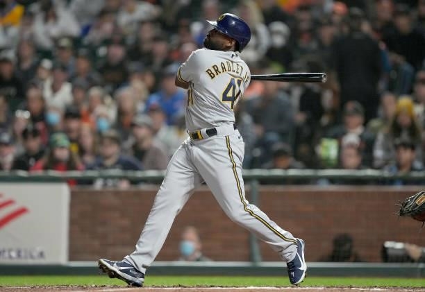 Jackie Bradley Jr. #41 of the Milwaukee Brewers bats against the San Francisco Giants in the top of the six inning at Oracle Park on August 30, 2021...