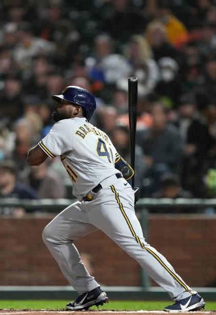 Jackie Bradley Jr. #41 of the Milwaukee Brewers bats against the San Francisco Giants in the top of the six inning at Oracle Park on August 30, 2021...