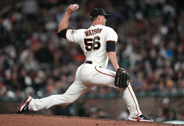 Tony Watson of the San Francisco Giants pitches against the Milwaukee Brewers in the top of the seventh inning at Oracle Park on August 30, 2021 in...