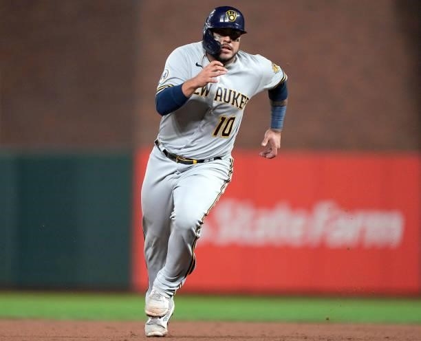 Omar Narvaez of the Milwaukee Brewers runs the bases against the San Francisco Giants in the top of the eighth inning at Oracle Park on August 30,...