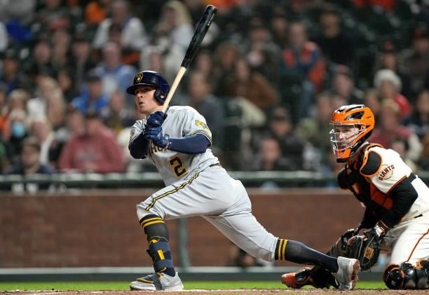 Luis Urias of the Milwaukee Brewers bats against the San Francisco Giants in the top of the eighth inning at Oracle Park on August 30, 2021 in San...
