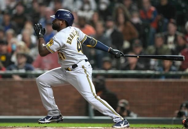 Jackie Bradley Jr. #41 of the Milwaukee Brewers bats against the San Francisco Giants in the top of the eighth inning at Oracle Park on August 30,...