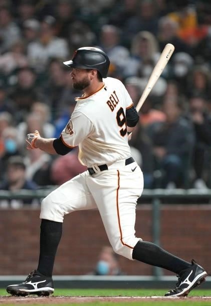 Brandon Belt of the San Francisco Giants bats against the Milwaukee Brewers in the bottom of the eighth inning at Oracle Park on August 30, 2021 in...