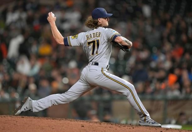 Josh Hader of the Milwaukee Brewers pitches against the San Francisco Giants in the bottom of the ninth inning at Oracle Park on August 30, 2021 in...