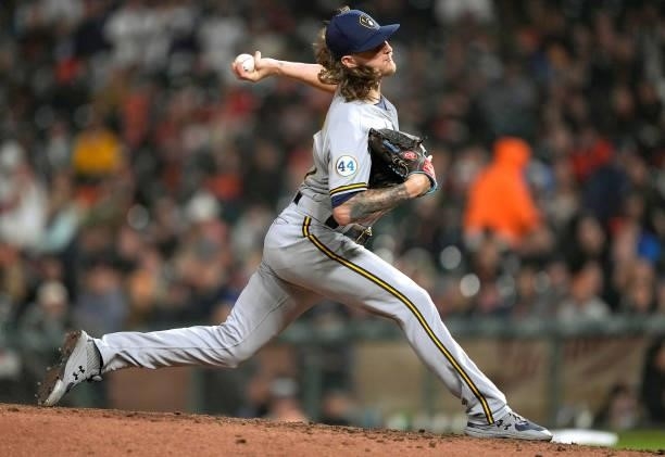 Josh Hader of the Milwaukee Brewers pitches against the San Francisco Giants in the bottom of the ninth inning at Oracle Park on August 30, 2021 in...
