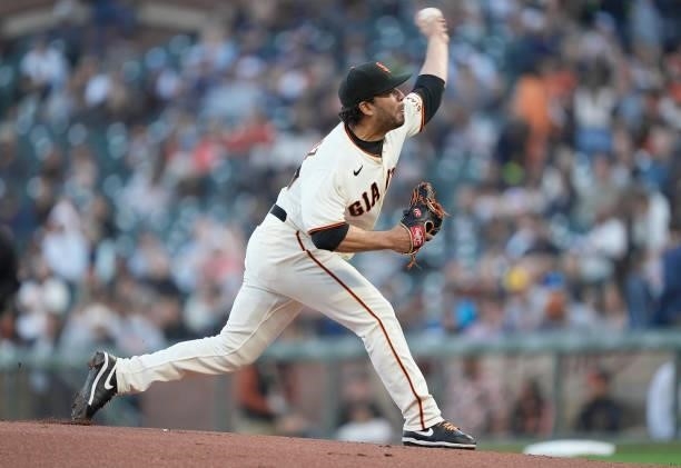 Jose Alvarez of the San Francisco Giants pitches against the Milwaukee Brewers in the top of the first inning at Oracle Park on August 30, 2021 in...