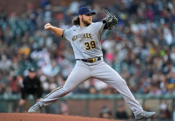 Corbin Burnes of the Milwaukee Brewers pitches against the San Francisco Giants in the bottom of the first inning at Oracle Park on August 30, 2021...