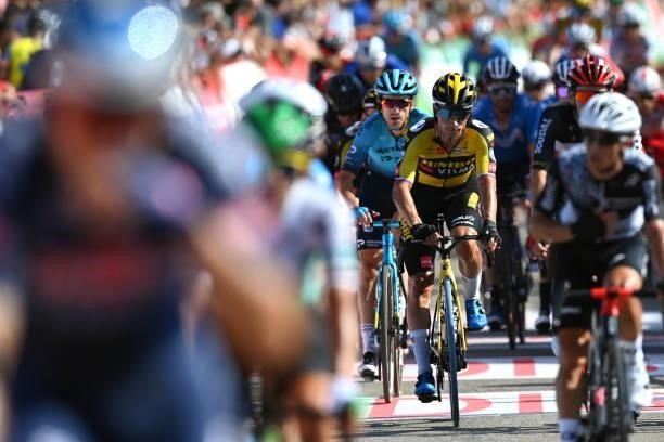 Primoz Roglic of Slovenia and Team Jumbo - Visma crosses the finishing line during the 76th Tour of Spain 2021, Stage 16 a 180km stage from Laredo to...