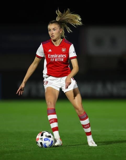 Leah Williamson of Arsenal during the UEFA Women's Champions League match between Arsenal and Slavia Prague at Meadow Park on August 31, 2021 in...