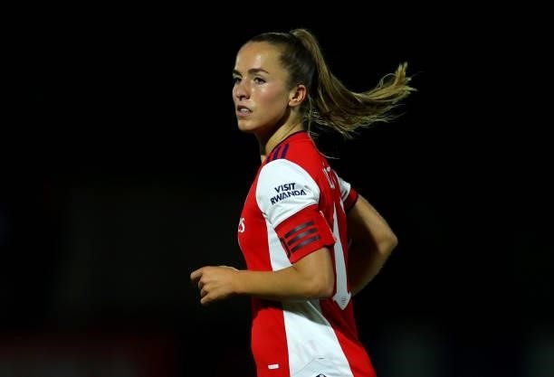 Lia Walti of Arsenal during the UEFA Women's Champions League match between Arsenal and Slavia Prague at Meadow Park on August 31, 2021 in...