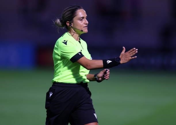 Referee Maria Marotta during the UEFA Women's Champions League match between Arsenal and Slavia Prague at Meadow Park on August 31, 2021 in...