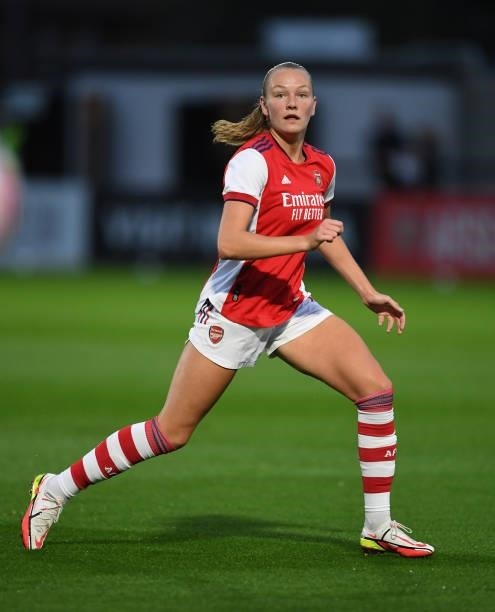 Frida Maanum of Arsenal during the UEFA Women's Champions League match between Arsenal Women and Slavia Prague at Meadow Park on August 31, 2021 in...