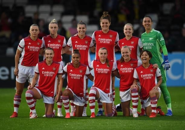 Arsenal Women team group before the UEFA Women's Champions League match between Arsenal Women and Slavia Prague at Meadow Park on August 31, 2021 in...