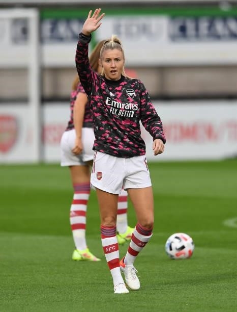 Leah Williamson of Arsenal waves to the fans before the UEFA Women's Champions League match between Arsenal Women and Slavia Prague at Meadow Park on...
