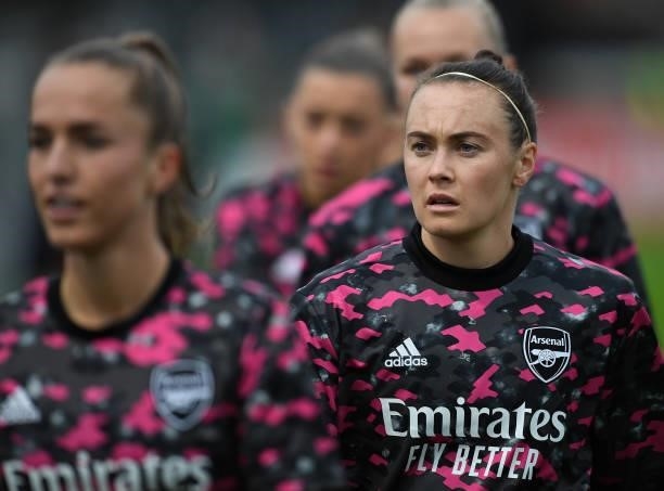 Caitlin Foord of Arsenal warms up before the UEFA Women's Champions League match between Arsenal Women and Slavia Prague at Meadow Park on August 31,...