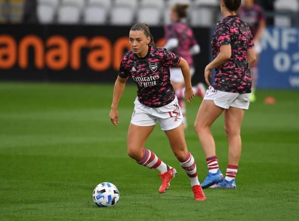 Katie McCabe of Arsenal warms up before the UEFA Women's Champions League match between Arsenal Women and Slavia Prague at Meadow Park on August 31,...
