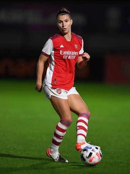 Steph Catley of Arsenal during the UEFA Women's Champions League match between Arsenal Women and Slavia Prague at Meadow Park on August 31, 2021 in...