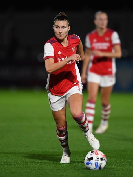 Steph Catley of Arsenal during the UEFA Women's Champions League match between Arsenal Women and Slavia Prague at Meadow Park on August 31, 2021 in...