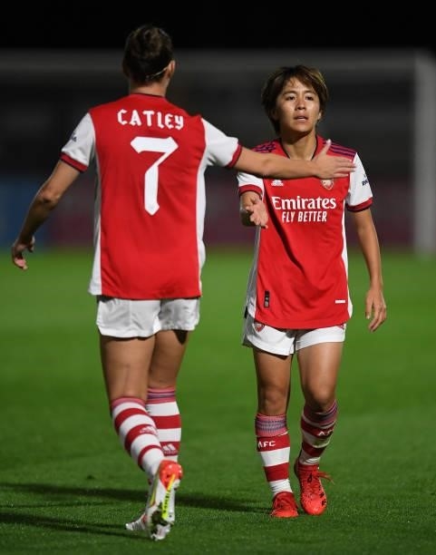 Steph Catley high fives Mana Iwabuchi of Arsenal during the UEFA Women's Champions League match between Arsenal Women and Slavia Prague at Meadow...