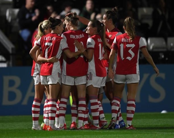 Vivianne Miedema celebrates scoring Arsenal's 3rd goal with her team mates during the UEFA Women's Champions League match between Arsenal Women and...